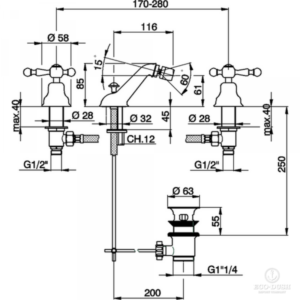 CISAL Arcana America Смеситель для биде на 3 отв., с донным клапаном, цвет: хром