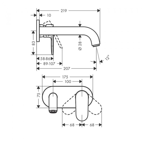 Hansgrohe Vernis Blend Смеситель для раковины, настенный, излив 204 мм, внешняя часть, цвет: матовый черный