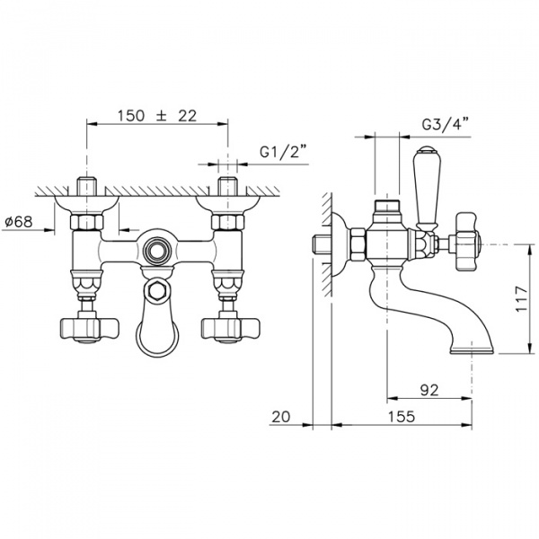 Nicolazzi Dames Anglaises Смеситель для ванны на 2 отверстия, с переключателем ванна/душ, вывод сверху 3/4" (для душ. стойки), цвет: золото