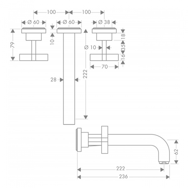 Axor Citterio Встраиваемый смеситель для раковины, на 3 отв, с розеткой, излив: 222мм, с донным клапаном, внешняя часть, цвет: хром