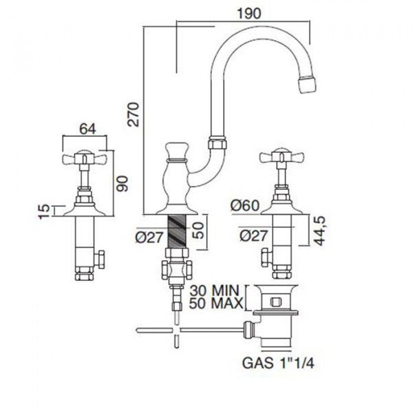 Sbordoni Antica Смеситель для раковины на 3 отверстия, цвет: глянцевая латунь
