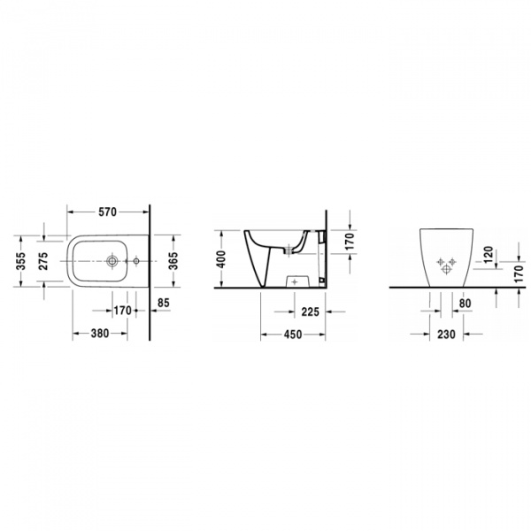Duravit Happy D.2 Биде подвесное 57х35.5см, пристенный вариант, с перел., с 1 отв. под смес., вкл. заглушку для перелива, хром, вкл. крепление Durafix