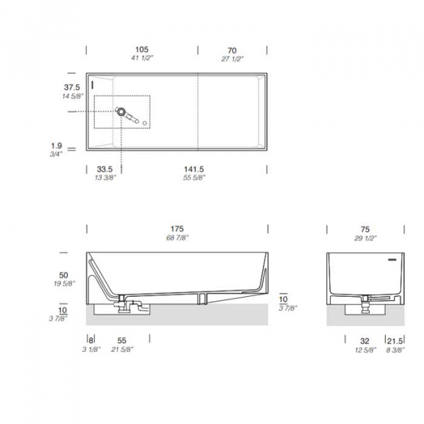 NOORTH milldue edition SLASH Ванна отдельностоящая 175х75х50см, с сифоном, milltek solid, фурнитура хром