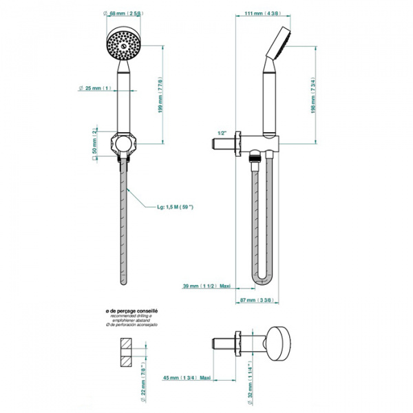 THG Nihal Porcelaine Ivoire Душевой комплект с ручным душем, держатель с подводом воды и шланг 1500 мм., цвет: Soft gold