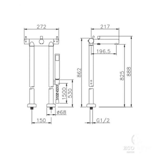 HUBER Kiruna Смеситель термостатический напольный для ванны с ручной лейкой на держателе и шлангом 150 см, цвет: хромKiruna