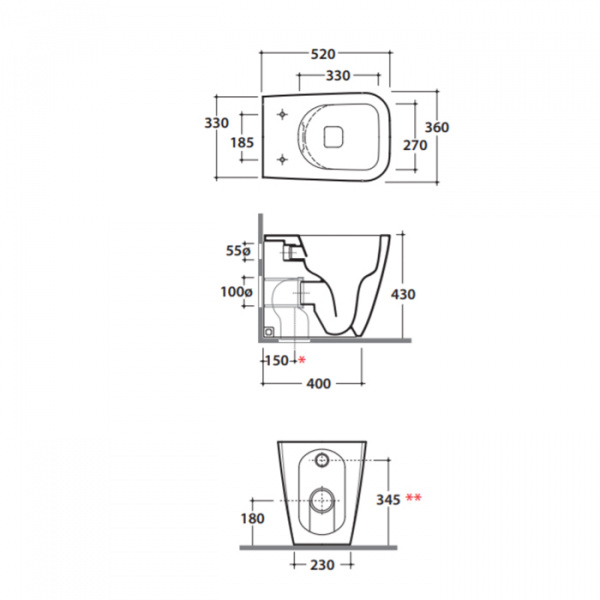 Globo Stone Унитаз напольный безободковый  52х36см, с системой скрытого крепежа, слив универсальный, цвет: белый