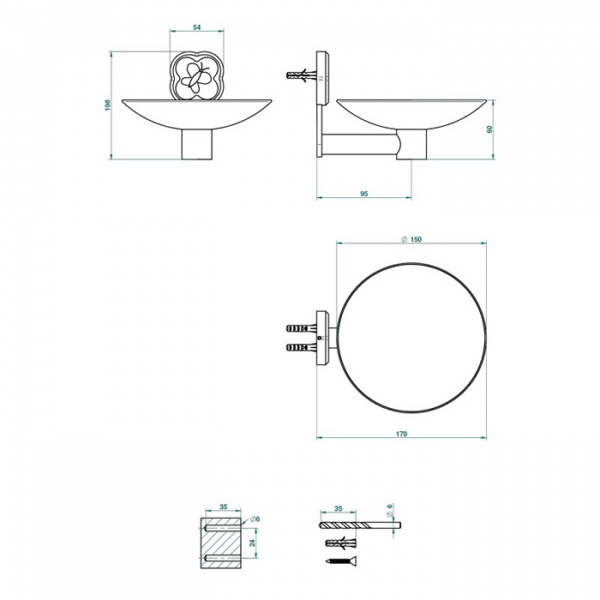 THG CAPUCINE VERT DECOR PLATINE Мыльница подвесная ø150 мм., декор зеленый, цвет: хром