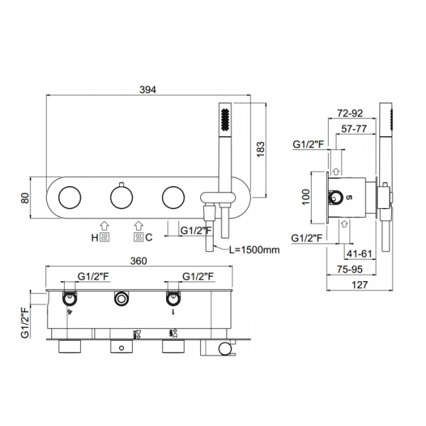 Carimali Встраиваемая часть для горизонтального термостатического смесителя c держателем для душа, 5 выходов,.цвет: хром