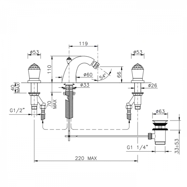 Nicolazzi Cristallo Смеситель для биде двухвентильный на 3 отверстия, излив: 119мм цвет: хром