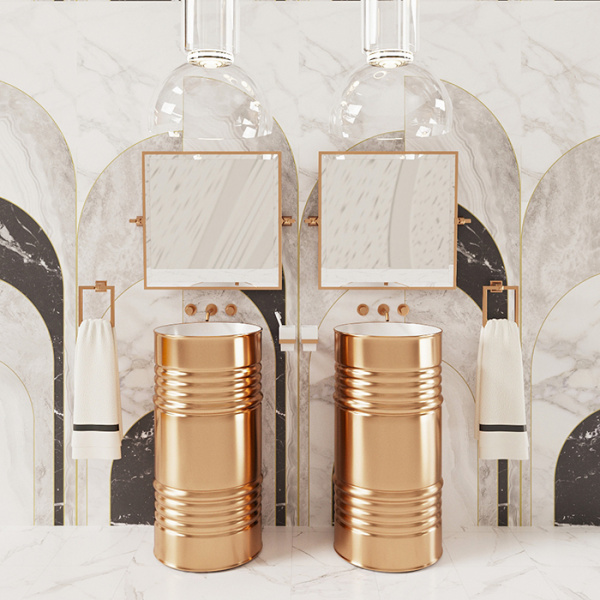 Kerasan Artwork Раковина 45х90 см, без отв., свободностоящая &quotBARREL&quot, слив в стену, цвет: Bianco-oro