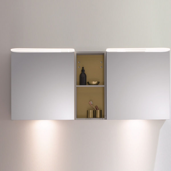 BurgBad Badu Зеркальный шкаф 150х31х66.5см, 2 светильника,2 выкл, 2 зерк двери, стойка с 1 полкой, стекл полки, освещение мойки, цвет: лен серый/Gold