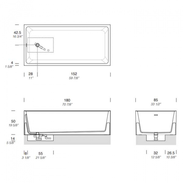 NOORTH milldue edition SKA Ванна отдельностоящая 180х85х50см, с сифоном, milltek solid, фурнитура хром