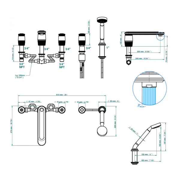 THG CORVAIR Смеситель на борт ванны на 5 отверстий, двойной, с ручным душем, цвет: хром