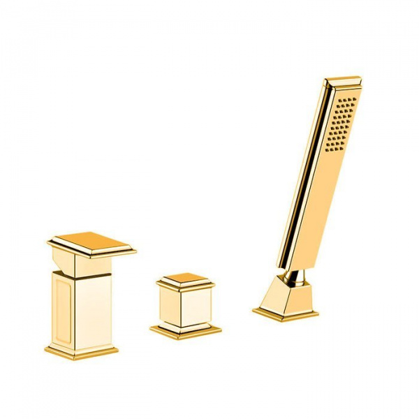 Gessi Eleganza Смеситель для ванны на 3 отверстия, с переключателем и ручным душем, без излива, цвет: золото