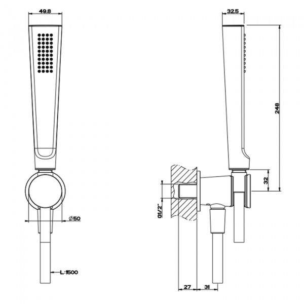 Gessi Cono Комплект ручного душа: ручной душ, шланг: 1.5 м, вывод из стены 1/2", цвет: хром