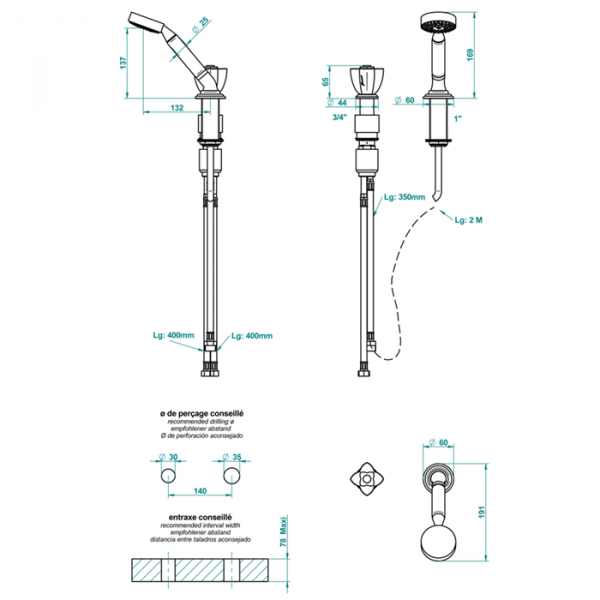 THG Pуtale de cristal bleu Ручной душ на борт ванны, 2 отв., цвет: хром/синий хрусталь