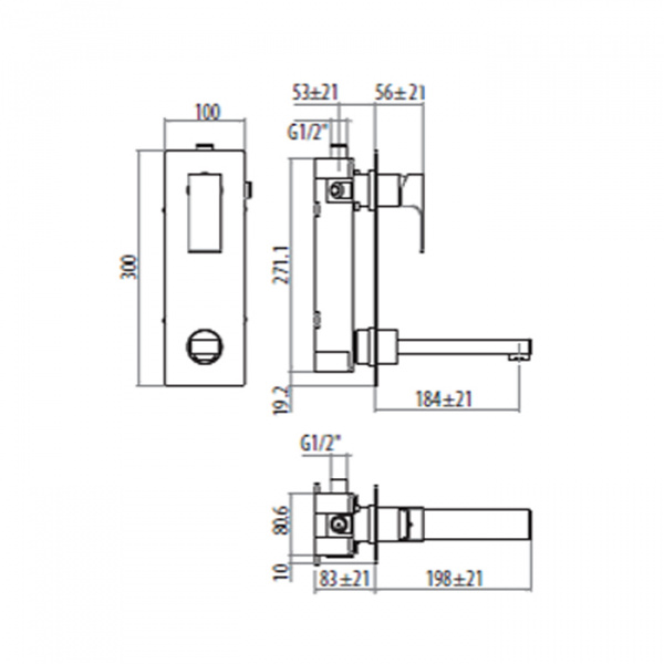GATTONI KUBIC Смеситель встраиваемый с коробкой вертикальный, излив 190мм, цвет: хром глянцевый