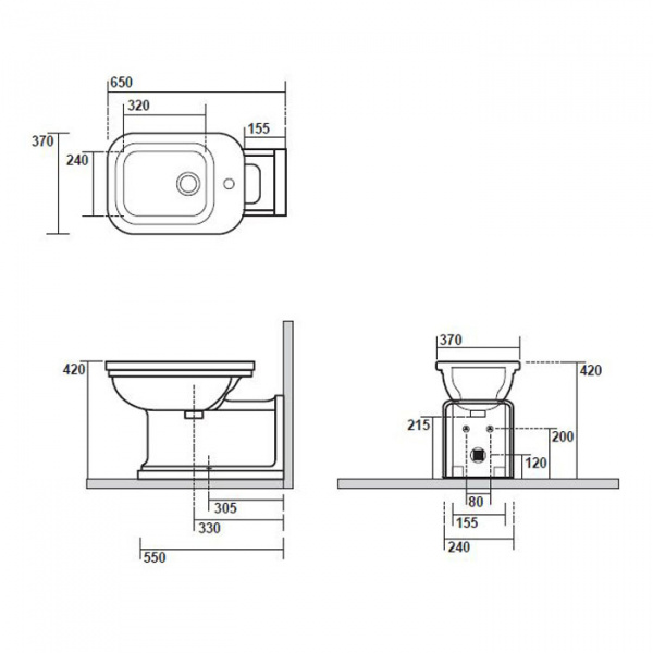 Kerasan Waldorf Биде напольное пристенное удлиненное &quotProlongato" 65х37см с 1 отв. под смеситель, цвет: белый/бронза