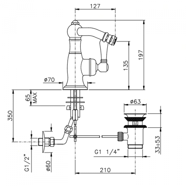 Nicolazzi Ceramica Nera Смеситель для биде, на 1 отв, с донным клапаном, излив: 127 мм, ручки черная керамика, цвет: хром