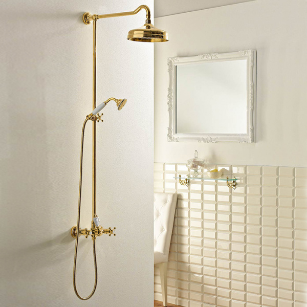 Sbordoni Londra Смеситель для душа настенный с ручн.душем, внешней трубкой, настенным держателем и верхним душем Ø200мм, цвет: глянцевая латунь