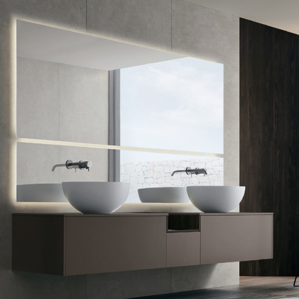 NOORTH milldue edition SINTESI Комплект мебели 216см в матовом лаке/шпоне, с 2-мя раковинами из Cristalplant, 2-мя зеркалами с подсветкой, Цвет: castoro-11/rovere carbone-601