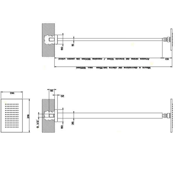 Gessi Rettangolo Верхний душ для потолочного крепления 216x140мм, высота от 115 до 1865мм, цвет: хром