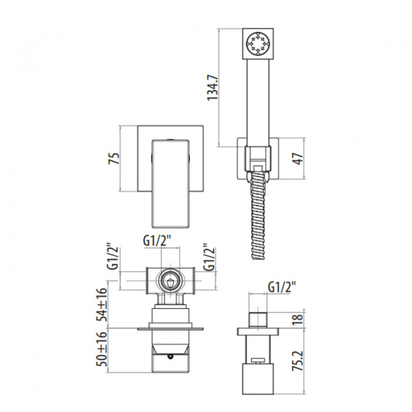 Gattoni Kubik Гигиенический душ со встроенным смесителем, цвет: bianco opaco