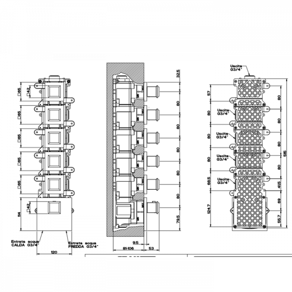 Gessi Eleganza Встраиваемый термостатический смеситель, подключение на 3/4”, с 5ю независимыми выходами, внешняя часть, цвет: хром