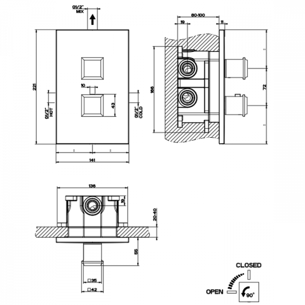 Gessi Eleganza Встраиваемый термостатический смеситель, подключение на 3/4”, с переключателем и фильтрами, внешняя часть, цвет: хром