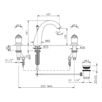 Nicolazzi Cristallo Смеситель для раковины на 3 отверстия, с донным клапаном, излив: 167мм, цвет: хром
