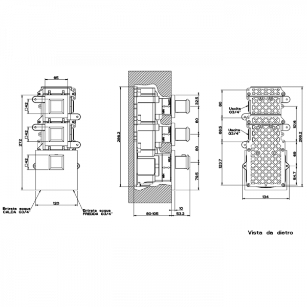 Gessi Eleganza Встраиваемый термостатический смеситель, подключение на 3/4”, с 2мя независимыми выходами, внешняя часть, цвет: хром