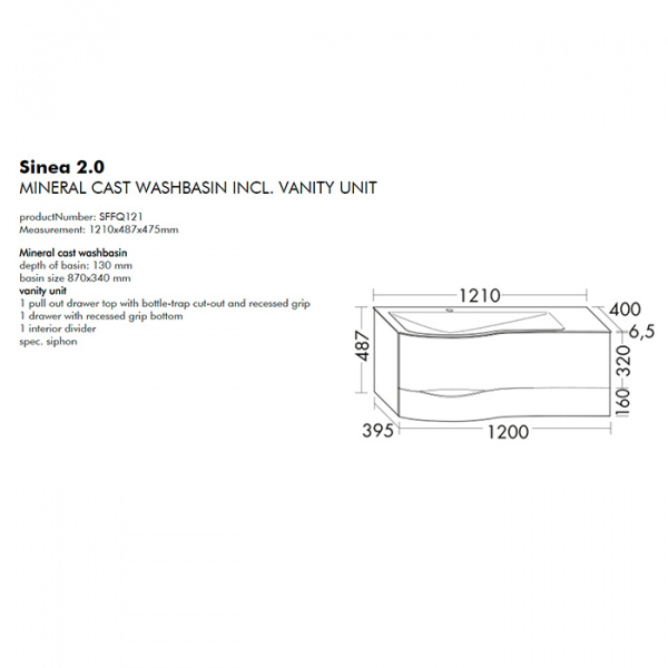 BurgBad Sinea 2.0 Тумба 1210х475 см. с 2 мя выдв. ящик,рак.из мин. литья с 1 отв. под см-ль, ручки G0165, левая версия, в компл сифон, цвет: белый гл.
