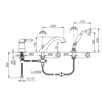 Nicolazzi P.m. Blanc Смеситель на борт ванны на 3 отверстия, с изливом 200мм и ручным душем, ручки белая керамика, цвет: золото 24к