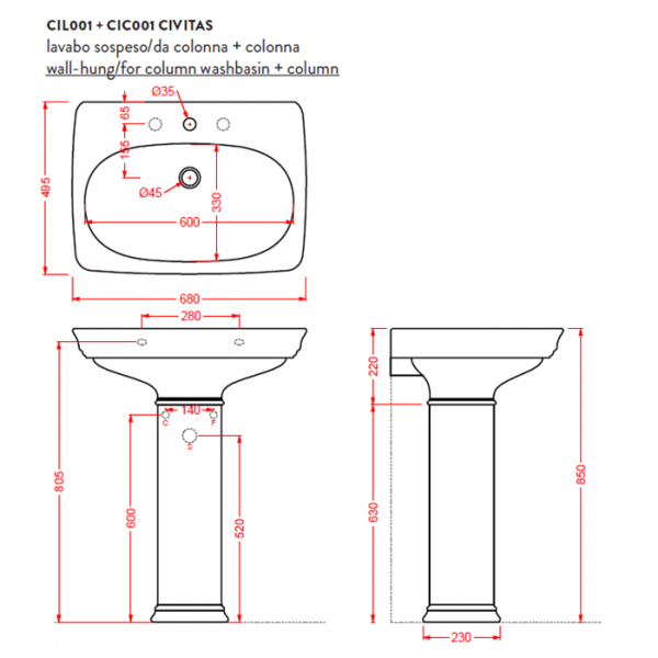Artceram CIVITAS Раковина 68х50 см, 1 отв., подвесная, цвет: белый