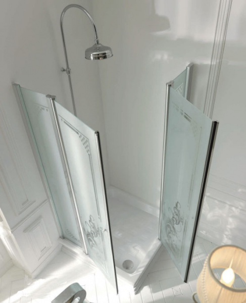 Kerasan Retro Душ. ограждение 100х100х180см., матовое стекло с декором  для квадратного поддона 1340, проф.хром,мат.стекло+декор