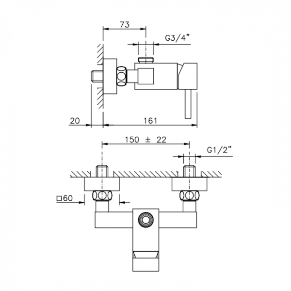 Nicolazzi Antelao Смеситель для душа на 2 отверстия, настенный, вывод сверху 3/4&quot, цвет: хром