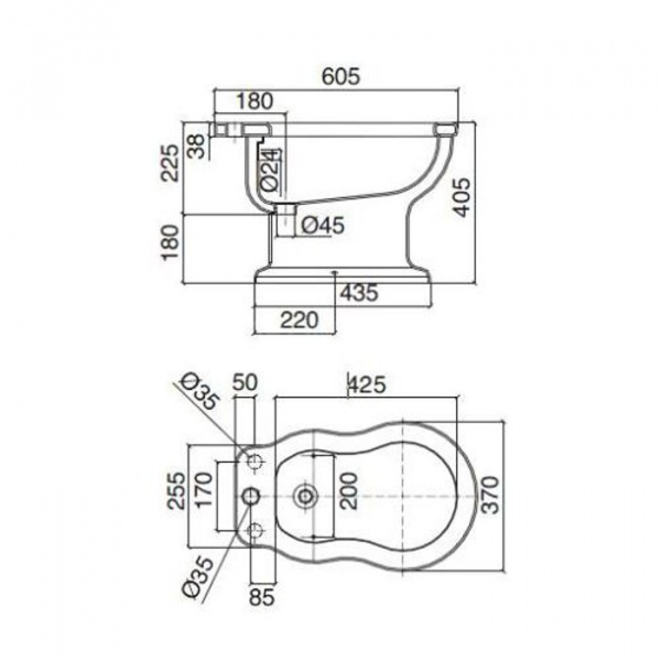 Sbordoni Palladio Приставное биде 60.5х 37см, с внешн./внутр. подачей воды, 1 отверстия для смесителя, белое