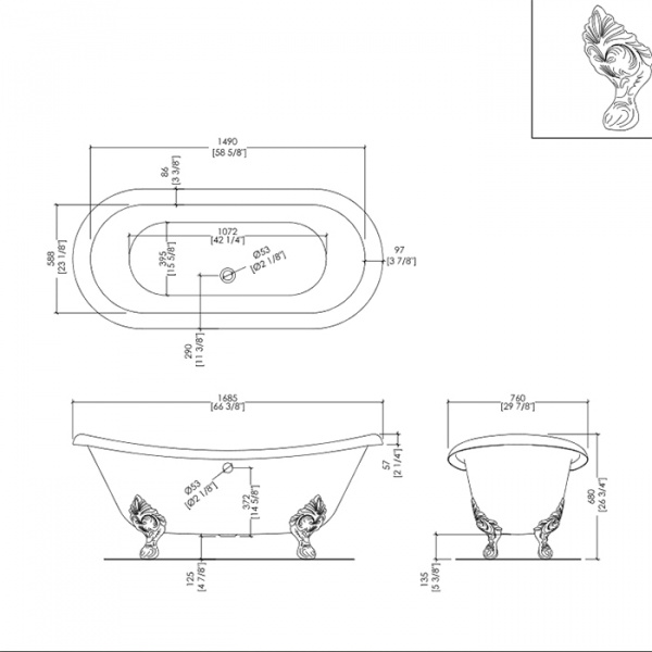 Devon&Devon Cherie Ванна чугунная отдельностоящая, 1685х760хh680 см,