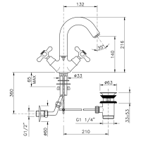 Nicolazzi Nuova Brenta Смеситель для раковины с 2мя ручками, поворотный излив: 132мм, с донным клапаном, цвет: хром