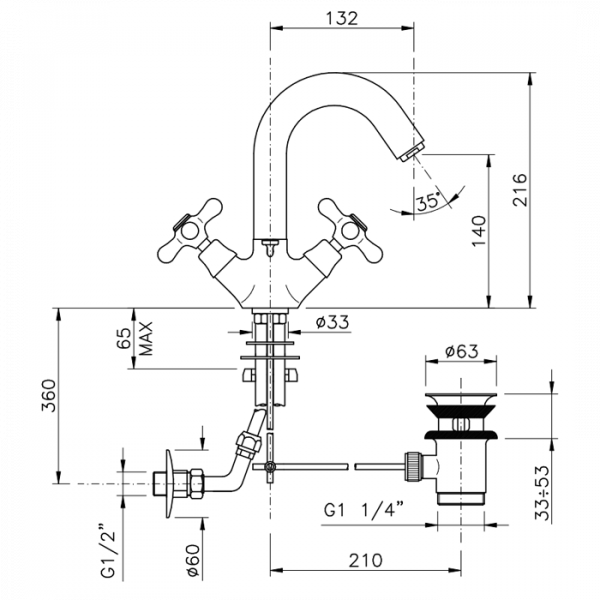 Nicolazzi Nuova Brenta Смеситель для раковины с 2мя ручками, поворотный излив: 132мм, с донным клапаном, цвет: хром