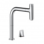Hansgrohe Metris Select M71 Смеситель для кухни, на 2 отв, поворотный излив: 22.1см с вытяжным душем, 1jet, h:20.8см, sBox, кнопка вкл/выкл, цвет: хром