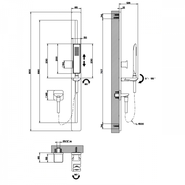 Gessi iSpa Душевая штанга с ручным душем и выводом воды из стены, цвет: хром