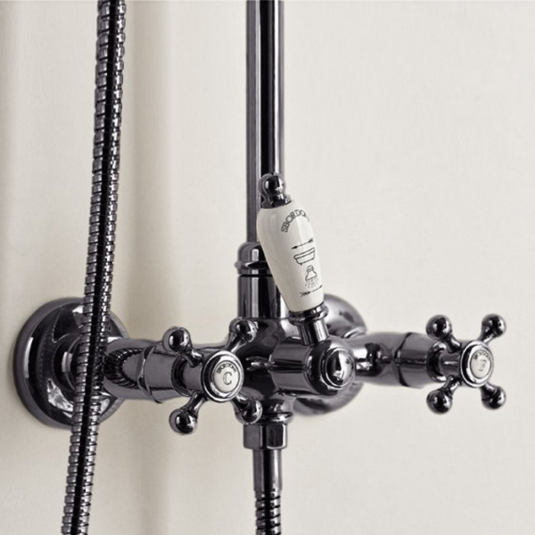 Sbordoni Londra Смеситель для душа настенный с ручн.душем, внешней трубкой, настенным держателем и верхним душем Ø200мм, цвет: черный никель
