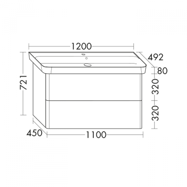 Burgbad Iveo База подвесная с керамическим умывальником с 1 отв под смес. 120х49.2х72.1см.2 выдв ящика, сифон в компл. F2835, цвет: дуб меринос