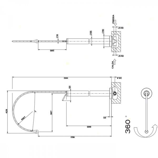 Gessi Goccia Напольный смеситель для раковины (без всраиваемой части), излив 389мм R=197, цвет: хром