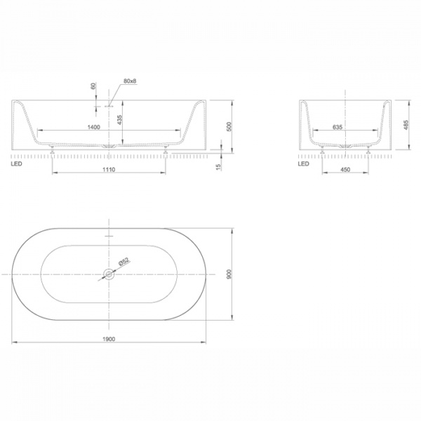 KNIEF Moon ванна отдельностоящая 190x90x50см, c встроенной LED подсветкой ,с  слив переливом 
