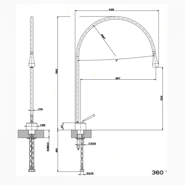 Gessi Goccia Смеситель для раковины на 1 отверстие, излив 387мм R=197, цвет: хром