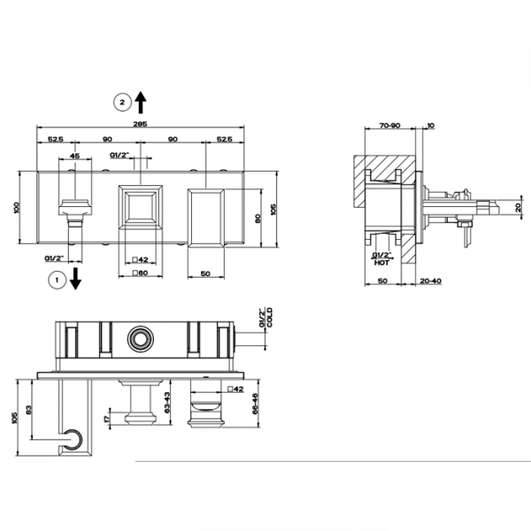 Gessi Eleganza Встраиваемый смеситель для ванны на 2 выхода, с подводом для воды, переключателем PUSH и держателем ручного душа, внешняя часть, цвет: хром