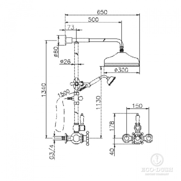 Huber Victorian Душевая стойка, с термостатическим смесителем, верхним душем 30см, ручным душем, с держателем и шлангом, цвет: хром