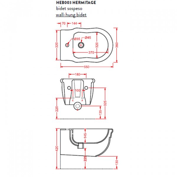 Artceram HERMITAGE Биде подвесное 36х55см с 1 отв под смеситель, с крепежом в комплекте, цвет: белый